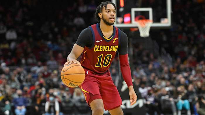 Cleveland Cavaliers forward Darius Garland (10) brings the ball up court in the third quarter against the Toronto Raptors.